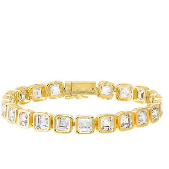 Adina Eden Cubic Zirconia Princess Bezel Tennis Bracelet in 14k Gold Plated Bras - Picture 2 of 4